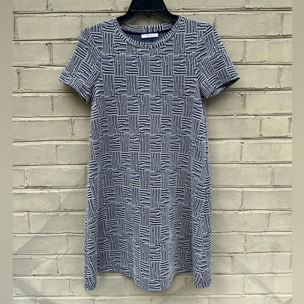 EUC Blue and White Geometric Knit A-Line Retro Dress Size S